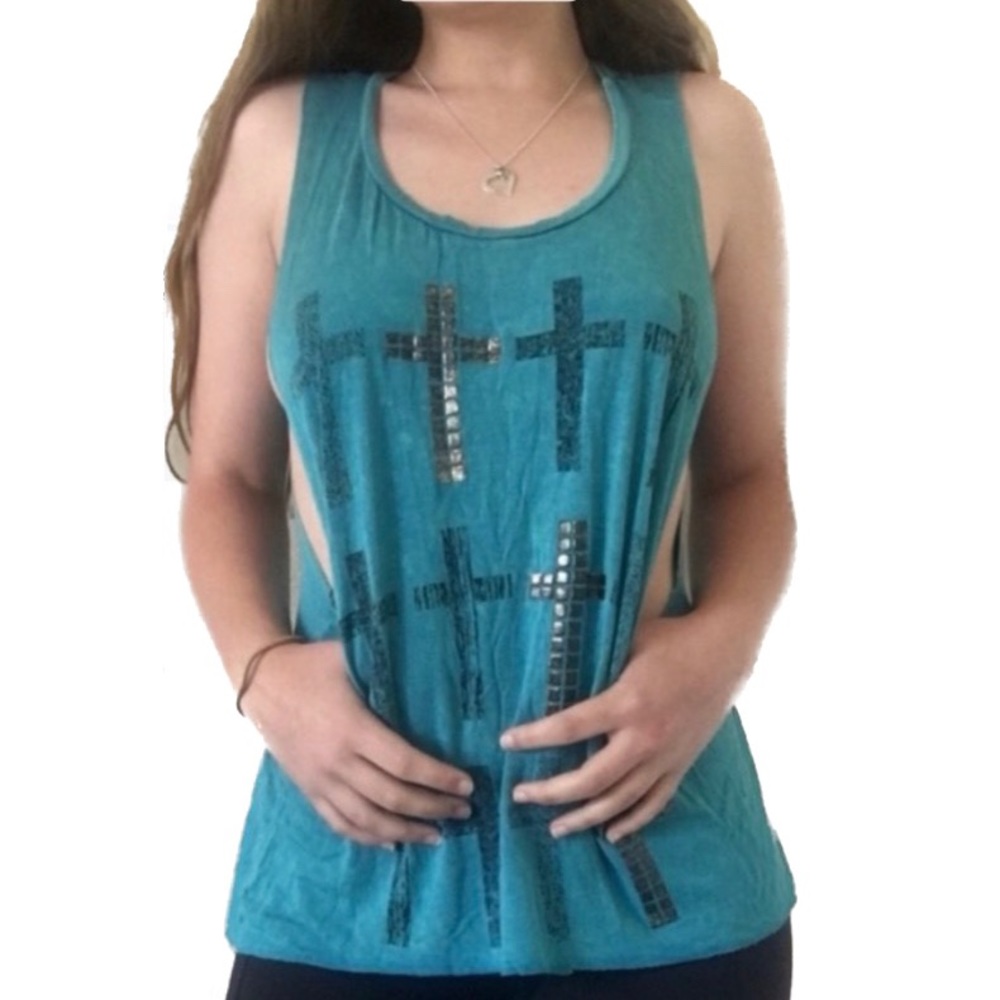 Charlotte Russe Cross Print Acid Wash Turquoise Blue Tank Top